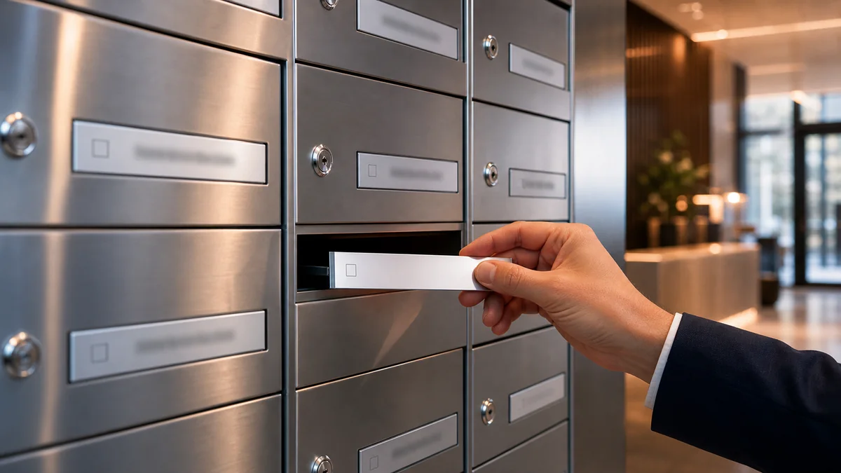 Briefkastenanlage mit mehreren Firmennamen für den Klarwerk Büroservice